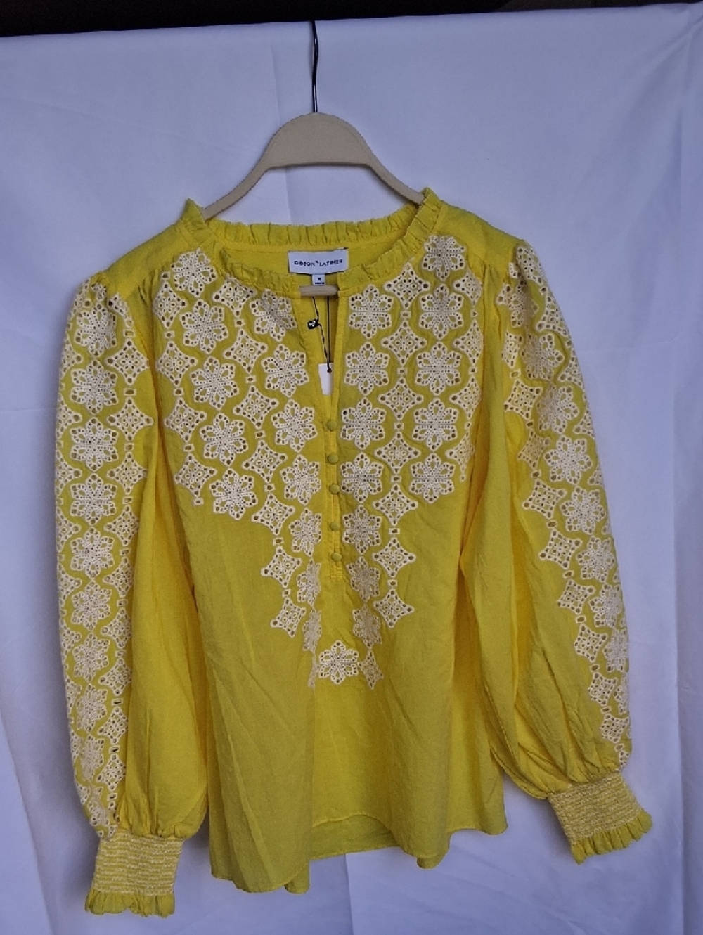 Gibson Latimer Yellow Embroidered Long Sleeve Top M 100% Cotton